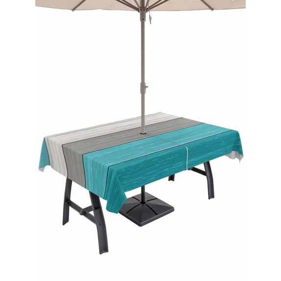 Outdoor Tablecloth with Umbrella Hole and Zipper, Turquoise Wood Grain Rectangle Table Cloth 52x70 Inch Waterproof Tablecloth, Country Retro Wooden Plank Gray Picnic Table Cover for Patio Camping