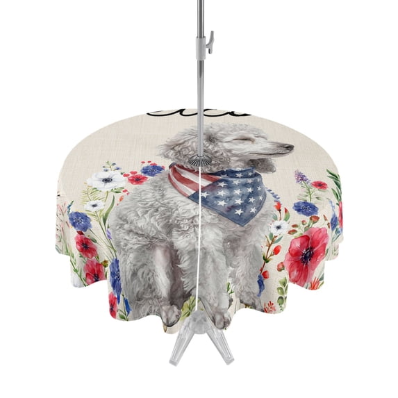 Outdoor Tablecloth with Umbrella Hole Zipper USA Star Stripes Flag Round Tablecloth 60" Waterproof Outside Table Cloth Red Blue Floral Dogs Patriotic Beige Patio Table Cover Tablecloths for Picnic