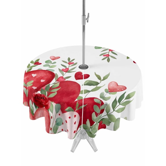 Outdoor Tablecloth with Umbrella Hole and Zipper, Valentine Love Heart Round Table Cloth 60 Inch Waterproof Tablecloth, Red Eucalyptus Leaf Botanical Picnic Table Cover for Patio Camping