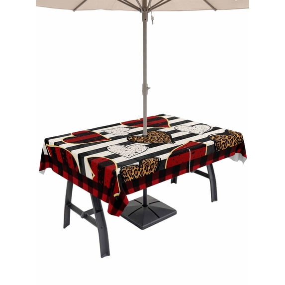 Outdoor Tablecloth with Umbrella Hole and Zipper, Valentine's Day Rectangle Table Cloth 52x70 Inch Waterproof Tablecloth, Black Red Strip Love Hearts Plaid Picnic Table Cover for Patio Camping