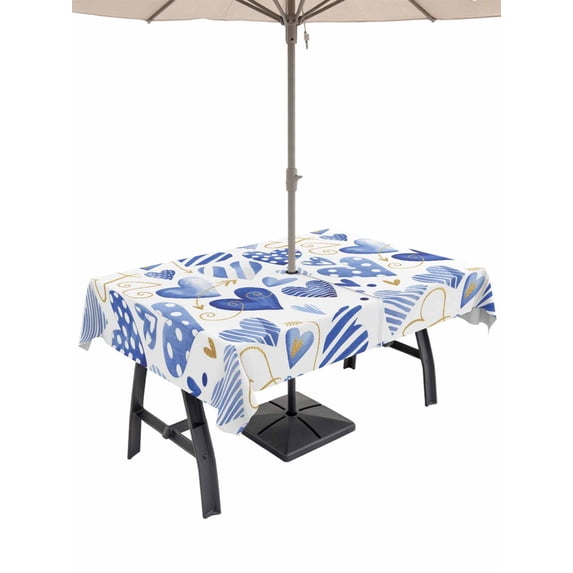Outdoor Tablecloth with Umbrella Hole and Zipper, Valentine's Day Rectangle Table Cloth 52x70 Inch Waterproof Tablecloth, Blue Heart Love Modern Romantic Minimalist Picnic Table Cover for Patio