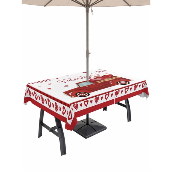 Outdoor Tablecloth with Umbrella Hole and Zipper, Valentine's Day Rectangle Table Cloth 52x70 Inch Waterproof Tablecloth, Love Heart Truck Modern Art Picnic Table Cover for Patio Camping