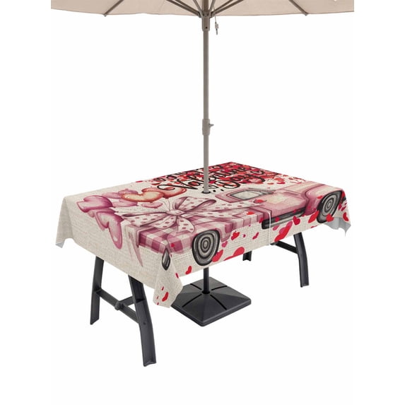Outdoor Tablecloth with Umbrella Hole and Zipper, Valentine's Day Rectangle Table Cloth 52x70 Inch Waterproof Tablecloth, Love Tree Trucks Balloons Beige Romantic Picnic Table Cover for Patio Camping