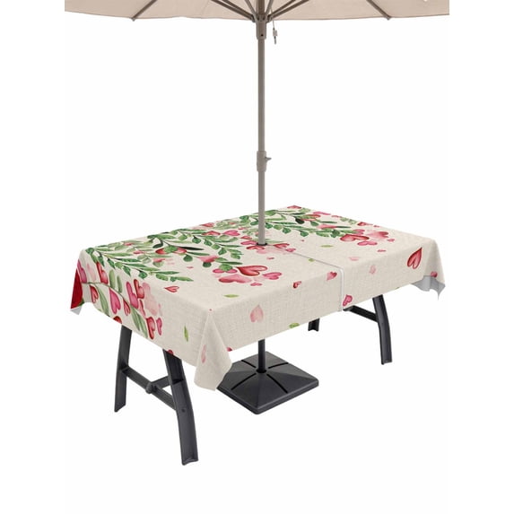 Outdoor Tablecloth with Umbrella Hole and Zipper, Valentine's Day Rectangle Table Cloth 52x70 Inch Waterproof Tablecloth, Pink Red Roses Love Heart Eucalyptus Burlap Picnic Table Cover for Patio