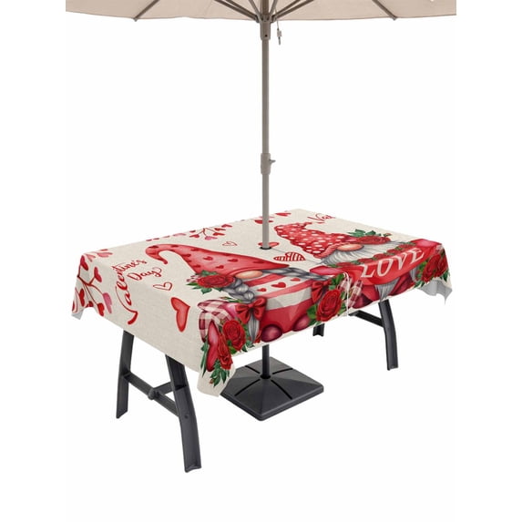 Outdoor Tablecloth with Umbrella Hole and Zipper, Valentine's Day Rectangle Table Cloth 52x70 Inch Waterproof Tablecloth, Red Gnomes Loves Roses Romantic Beige Picnic Table Cover for Patio Camping