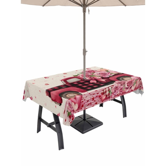 Outdoor Tablecloth with Umbrella Hole and Zipper, Valentine's Day Rectangle Table Cloth 52x70 Inch Waterproof Tablecloth, Romantic Love Truck Roses Plaid Beige Picnic Table Cover for Patio Camping