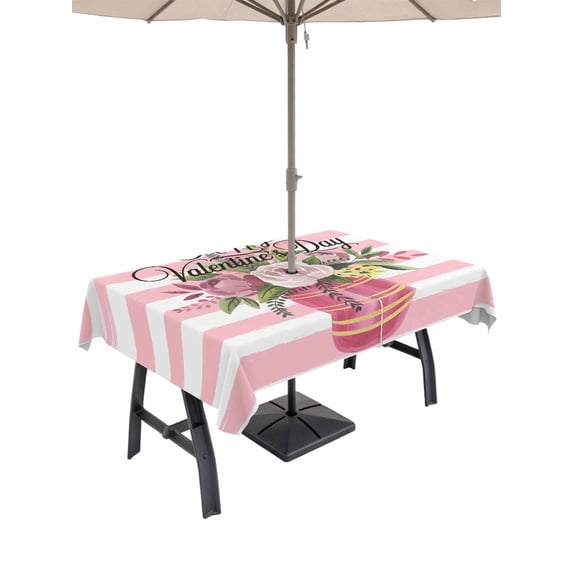 Outdoor Tablecloth with Umbrella Hole and Zipper, Valentine's Day Rectangle Table Cloth 52x70 Inch Waterproof Tablecloth, Roses Flowers Pink Stripes Country Picnic Table Cover for Patio Camping