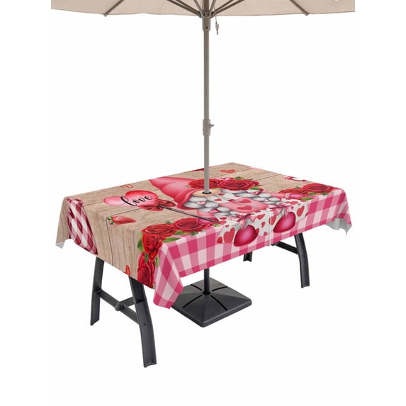 Outdoor Tablecloth with Umbrella Hole and Zipper, Valentine's Day Rectangle Table Cloth 54x80 Inch Waterproof Tablecloth, Gnomes Roses Loves Romantic Plaid Wood Picnic Table Cover for Patio Camping