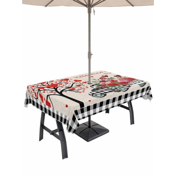 Outdoor Tablecloth with Umbrella Hole and Zipper, Valentine's Day Rectangle Table Cloth 54x80 Inch Waterproof Tablecloth, Love Heart Roses Black White Plaid Romantic Rustic Picnic Table Cover