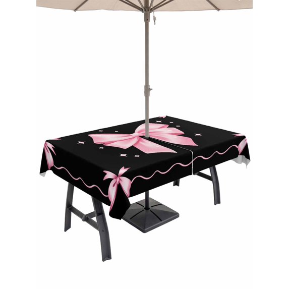 Outdoor Tablecloth with Umbrella Hole and Zipper, Valentine's Day Rectangle Table Cloth 54x80 Inch Waterproof Tablecloth, Pink Bowknot Ribbon on Black Mother's Day Picnic Table Cover for Patio