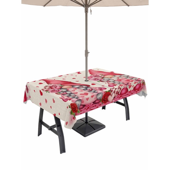 Outdoor Tablecloth with Umbrella Hole and Zipper, Valentine's Day Rectangle Table Cloth 54x80 Inch Waterproof Tablecloth, Pink Gnomes Love Roses Romantic Beige Picnic Table Cover for Patio Camping