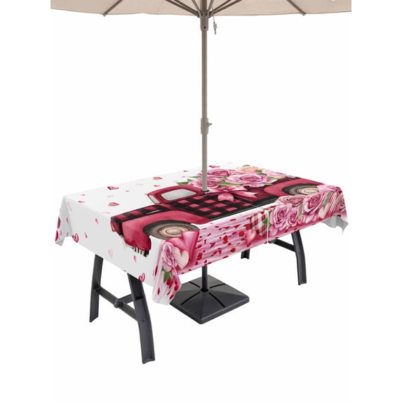 Outdoor Tablecloth with Umbrella Hole and Zipper, Valentine's Day Rectangle Table Cloth 54x80 Inch Waterproof Tablecloth, Pink Love Roses Truck Romantic White Picnic Table Cover for Patio Camping