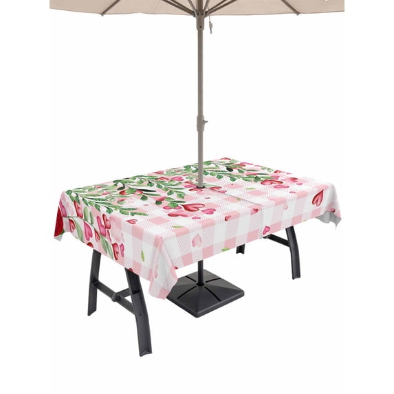 Outdoor Tablecloth with Umbrella Hole and Zipper, Valentine's Day Rectangle Table Cloth 54x80 Inch Waterproof Tablecloth, Pink Red Roses Love Heart Eucalyptus Plaid Picnic Table Cover for Patio