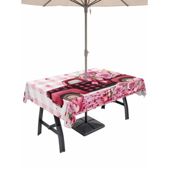 Outdoor Tablecloth with Umbrella Hole and Zipper, Valentine's Day Rectangle Table Cloth 54x80 Inch Waterproof Tablecloth, Pink Romantic Truck Love Roses Red Plaid Picnic Table Cover for Patio Camping