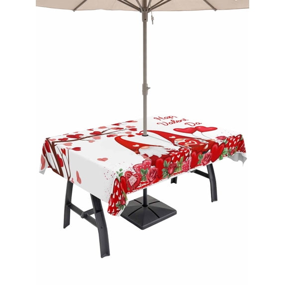 Outdoor Tablecloth with Umbrella Hole and Zipper, Valentine's Day Rectangle Table Cloth 54x80 Inch Waterproof Tablecloth, Red Gnomes Love Tree Branches Roses Picnic Table Cover for Patio Camping