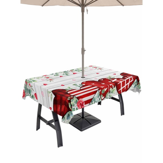Outdoor Tablecloth with Umbrella Hole and Zipper, Valentine's Day Rectangle Table Cloth 54x80 Inch Waterproof Tablecloth, Red Love Heart Eucalyptus Floral Grey Wood Picnic Table Cover for Patio