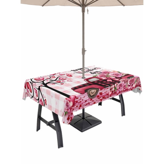 Outdoor Tablecloth with Umbrella Hole and Zipper, Valentine's Day Rectangle Table Cloth 54x80 Inch Waterproof Tablecloth, Romantic Love Tree Truck Roses Pink Plaid Picnic Table Cover for Patio