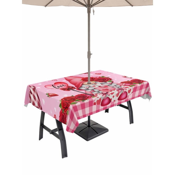 Outdoor Tablecloth with Umbrella Hole and Zipper, Valentine's Day Rectangle Table Cloth 60x102 Inch Waterproof Tablecloth, Gnomes Loves Roses Romantic Pink Plaid Picnic Table Cover for Patio Camping
