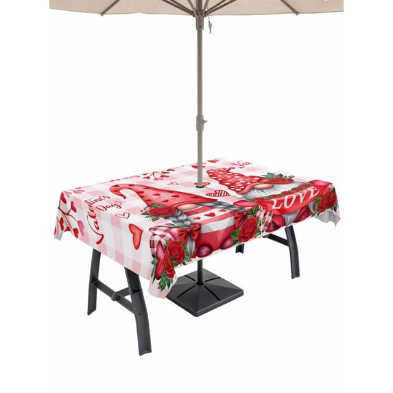 Outdoor Tablecloth with Umbrella Hole and Zipper, Valentine's Day Rectangle Table Cloth 60x102 Inch Waterproof Tablecloth, Loves Gnomes Roses Romantic Pink Plaid Picnic Table Cover for Patio Camping