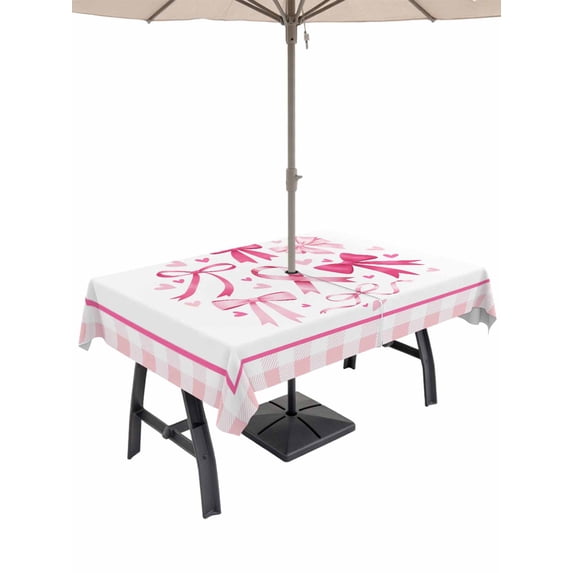 Outdoor Tablecloth with Umbrella Hole and Zipper, Valentine's Day Rectangle Table Cloth 60x102 Inch Waterproof Tablecloth, Pink Bows Romantic Love Heart Checkered Picnic Table Cover for Patio Camping