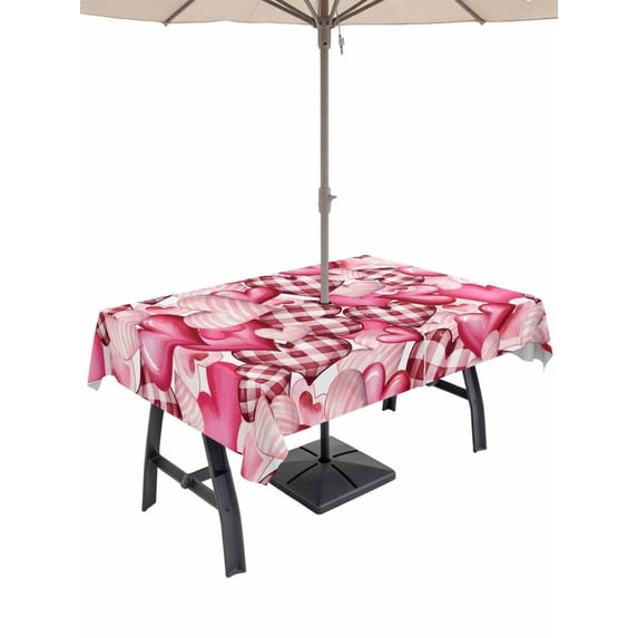 Outdoor Tablecloth with Umbrella Hole and Zipper, Valentine's Day Rectangle Table Cloth 60x102 Inch Waterproof Tablecloth, Pink Romantic Love Checkered Buffalo Picnic Table Cover for Patio Camping