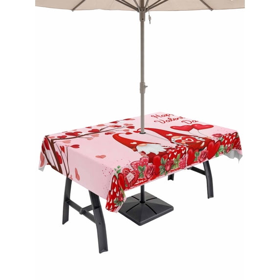 Outdoor Tablecloth with Umbrella Hole and Zipper, Valentine's Day Rectangle Table Cloth 60x102 Inch Waterproof Tablecloth, Red Love Tree Gnomes Roses Pink Romance Picnic Table Cover for Patio Camping