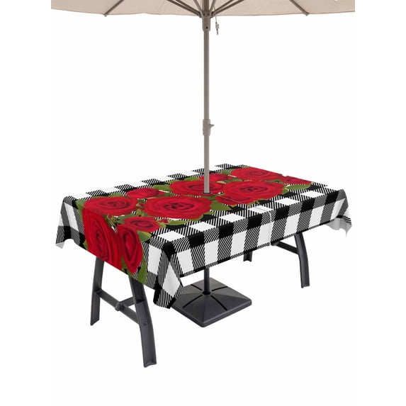 Outdoor Tablecloth with Umbrella Hole and Zipper, Valentine's Day Rectangle Table Cloth 60x102 Inch Waterproof Tablecloth, Red Roses Floral Leaves Buffalo Plaid Picnic Table Cover for Patio Camping