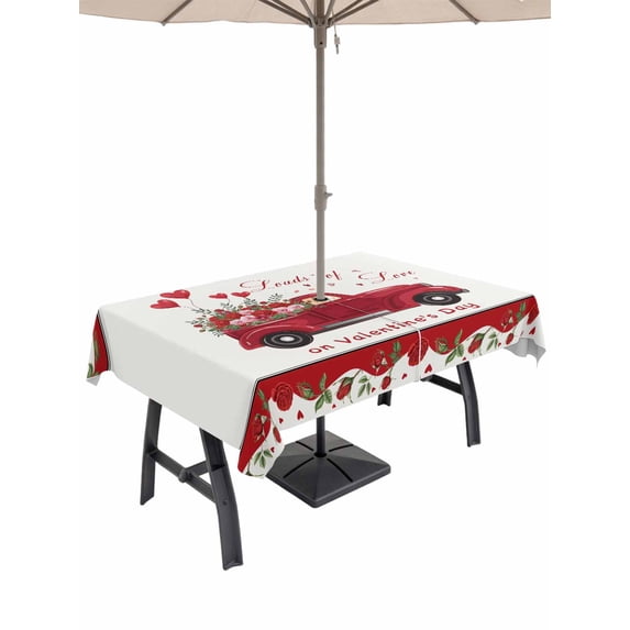 Outdoor Tablecloth with Umbrella Hole and Zipper, Valentine's Day Rectangle Table Cloth 60x102 Inch Waterproof Tablecloth, Red Truck Love Heart Roses Romantic Floral Picnic Table Cover for Patio