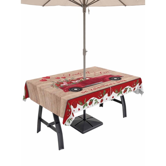 Outdoor Tablecloth with Umbrella Hole and Zipper, Valentine's Day Rectangle Table Cloth 60x102 Inch Waterproof Tablecloth, Red Truck Love Heart Roses Romantic Wooden Picnic Table Cover for Patio