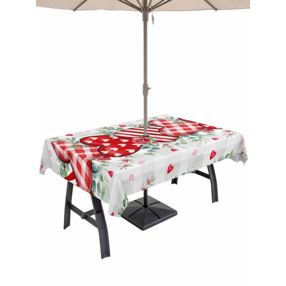Outdoor Tablecloth with Umbrella Hole and Zipper, Valentine's Day Rectangle Table Cloth 60x120 Inch Waterproof Tablecloth, Eucalyptus Red Love Heart Grey Check Picnic Table Cover for Patio Camping