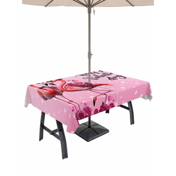 Outdoor Tablecloth with Umbrella Hole and Zipper, Valentine's Day Rectangle Table Cloth 60x120 Inch Waterproof Tablecloth, Flamingos Roses Love Romance Ombre Pink Picnic Table Cover for Patio Camping