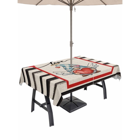 Outdoor Tablecloth with Umbrella Hole and Zipper, Valentine's Day Rectangle Table Cloth 60x120 Inch Waterproof Tablecloth, Love Gnomes Rustic Black Stripes Beige Picnic Table Cover for Patio Camping
