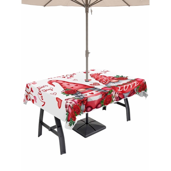 Outdoor Tablecloth with Umbrella Hole and Zipper, Valentine's Day Rectangle Table Cloth 60x120 Inch Waterproof Tablecloth, Red Gnomes Love Roses Romantic White Picnic Table Cover for Patio Camping