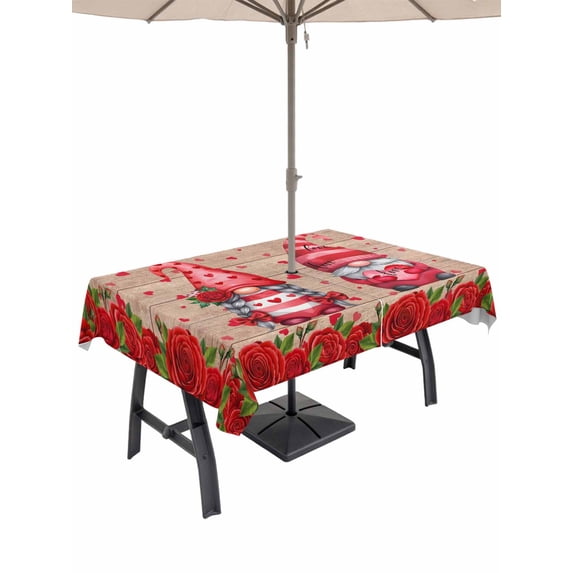 Outdoor Tablecloth with Umbrella Hole and Zipper, Valentine's Day Rectangle Table Cloth 60x120 Inch Waterproof Tablecloth, Red Gnomes Roses Love Wood Grain Brown Picnic Table Cover for Patio Camping
