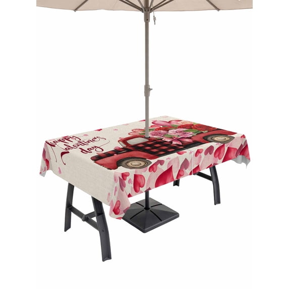 Outdoor Tablecloth with Umbrella Hole and Zipper, Valentine's Day Rectangle Table Cloth 60x120 Inch Waterproof Tablecloth, Red Roses Car Love Hearts Romantic Burlap Picnic Table Cover for Patio