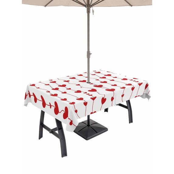 Outdoor Tablecloth with Umbrella Hole and Zipper, Valentine's Day Rectangle Table Cloth 60x120 Inch Waterproof Tablecloth, Sweet Love Heart Lines Romantic Red Picnic Table Cover for Patio Camping
