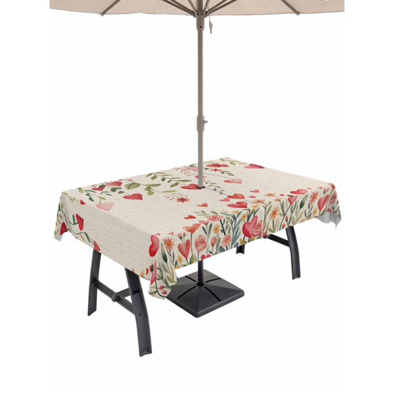 Outdoor Tablecloth with Umbrella Hole and Zipper, Valentine's Day Rectangle Table Cloth 60x120 Inch Waterproof Tablecloth, Watercolor Love Flowers Leaves Plants Beige Picnic Table Cover for Patio