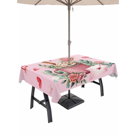 Outdoor Tablecloth with Umbrella Hole and Zipper, Valentine's Day Rectangle Table Cloth 60x84 Inch Waterproof Tablecloth, Cartoon Love Rose Floral Pink Romantic Picnic Table Cover for Patio Camping