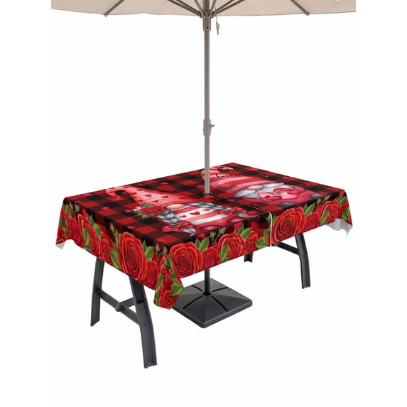 Outdoor Tablecloth with Umbrella Hole and Zipper, Valentine's Day Rectangle Table Cloth 60x84 Inch Waterproof Tablecloth, Gnomes Roses Love Red Plaid Romance Picnic Table Cover for Patio Camping