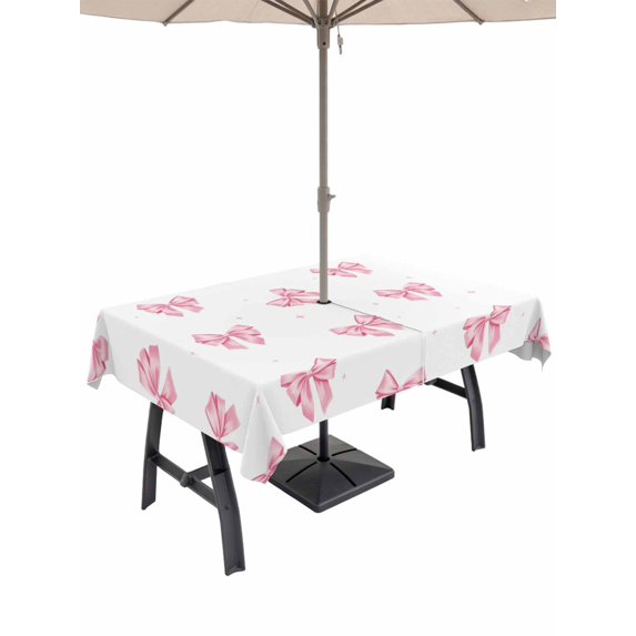Outdoor Tablecloth with Umbrella Hole and Zipper, Valentine's Day Rectangle Table Cloth 60x84 Inch Waterproof Tablecloth, Pink Bows Shining Stars Simple Art Picnic Table Cover for Patio Camping