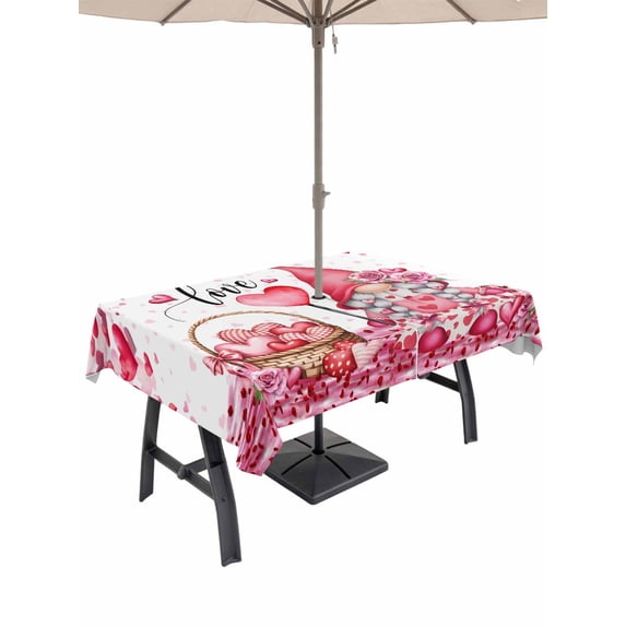 Outdoor Tablecloth with Umbrella Hole and Zipper, Valentine's Day Rectangle Table Cloth 60x84 Inch Waterproof Tablecloth, Pink Love Gnomes Roses Romantic Picnic Table Cover for Patio Camping