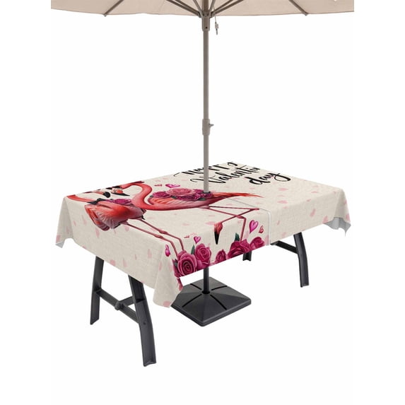 Outdoor Tablecloth with Umbrella Hole and Zipper, Valentine's Day Rectangle Table Cloth 60x84 Inch Waterproof Tablecloth, Red Flamingos Roses Love Romance Beige Picnic Table Cover for Patio Camping