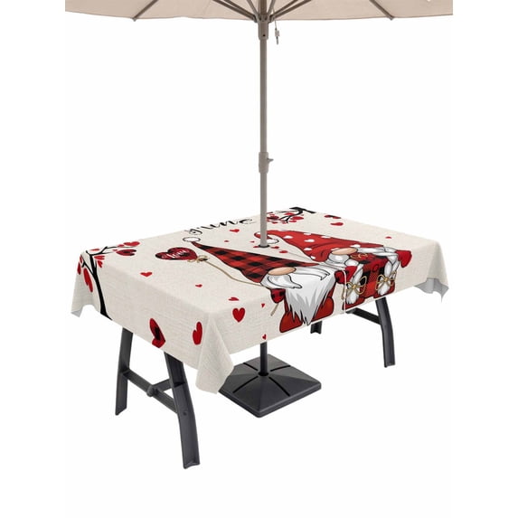 Outdoor Tablecloth with Umbrella Hole and Zipper, Valentine's Day Rectangle Table Cloth 60x84 Inch Waterproof Tablecloth, Red Gnomes Love Balloon Birds Trees Picnic Table Cover for Patio Camping
