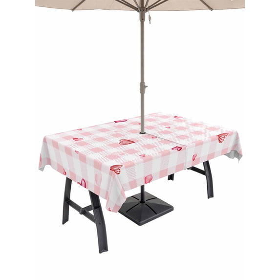 Outdoor Tablecloth with Umbrella Hole and Zipper, Valentine's Day Rectangle Table Cloth 60x84 Inch Waterproof Tablecloth, Red Love Heart Romantic Pink Buffalo Plaid Picnic Table Cover for Patio