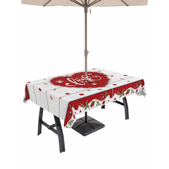 Outdoor Tablecloth with Umbrella Hole and Zipper, Valentine's Day Rectangle Table Cloth 60x84 Inch Waterproof Tablecloth, Red Love Heart Roses Romantic Wooden Picnic Table Cover for Patio Camping