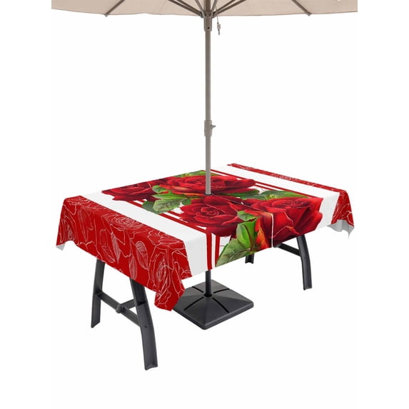 Outdoor Tablecloth with Umbrella Hole and Zipper, Valentine's Day Rectangle Table Cloth 60x84 Inch Waterproof Tablecloth, Red Roses Floral Romantic Striped Picnic Table Cover for Patio Camping