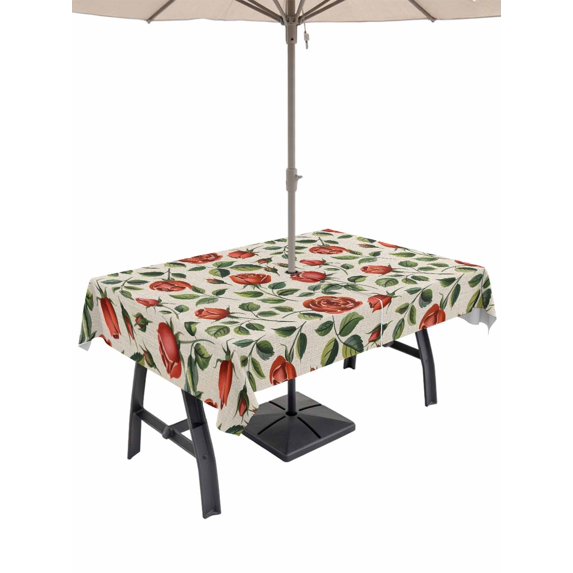 Outdoor Tablecloth with Umbrella Hole and Zipper, Valentine's Day Rectangle Table Cloth 60x84 Inch Waterproof Tablecloth, Red Roses Leaves Plants Spring Beige Picnic Table Cover for Patio Camping