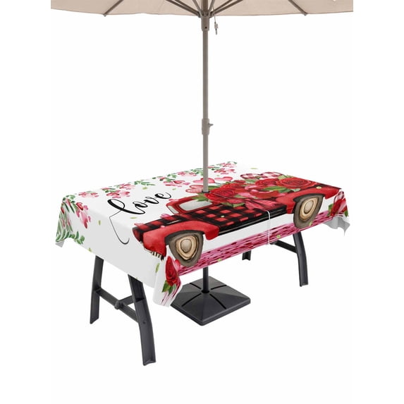 Outdoor Tablecloth with Umbrella Hole and Zipper, Valentine's Day Rectangle Table Cloth 60x84 Inch Waterproof Tablecloth, Red Truck Roses Leaves Love Romantic Picnic Table Cover for Patio Camping