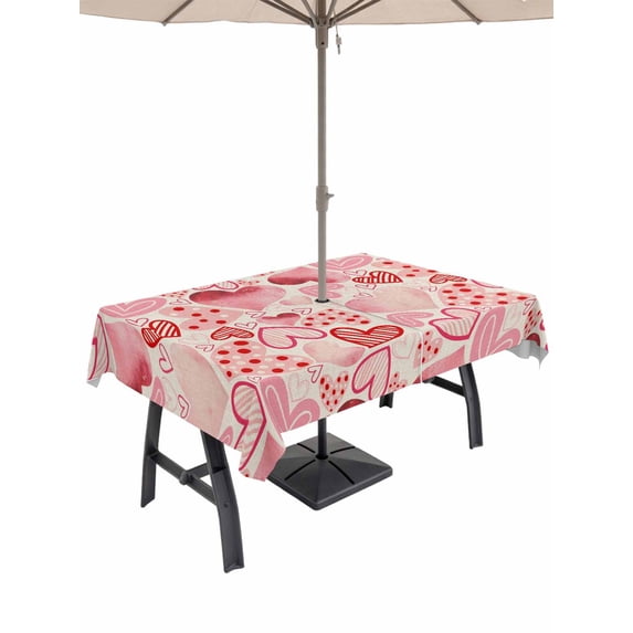 Outdoor Tablecloth with Umbrella Hole and Zipper, Valentine's Day Rectangle Table Cloth 60x84 Inch Waterproof Tablecloth, Romantic Light Pink Loves Polka Dot Picnic Table Cover for Patio Camping