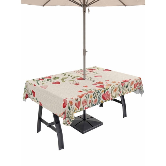 Outdoor Tablecloth with Umbrella Hole and Zipper, Valentine's Day Rectangle Table Cloth 60x84 Inch Waterproof Tablecloth, Watercolor Love Flowers Leaves Plants Beige Picnic Table Cover for Patio
